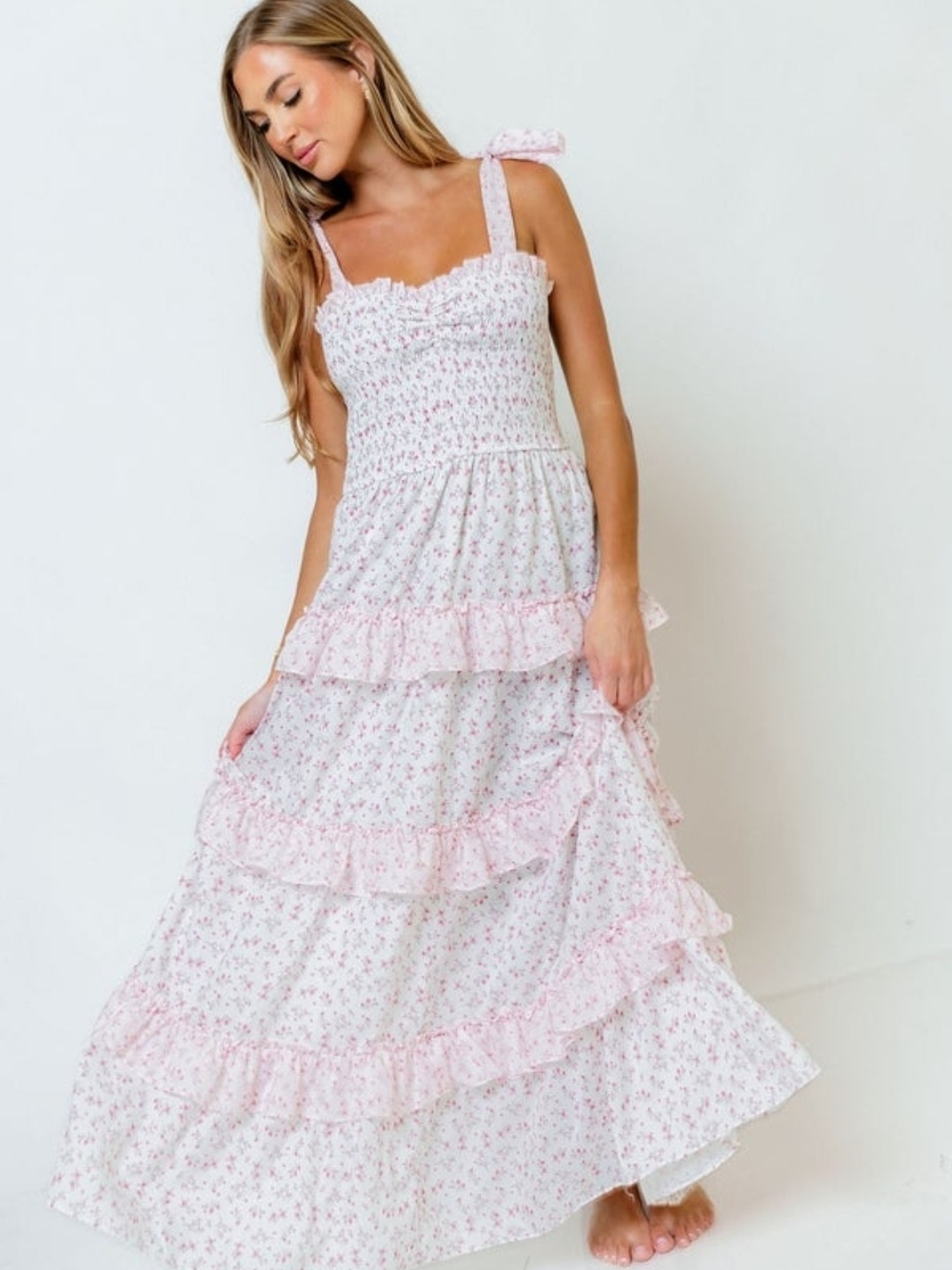 Smocked Pink Floral Tiered Maxi Dress with Tie Straps